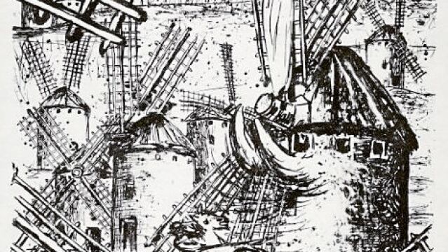 Imagen de una de las 34 litografías de la muestra sobre Cervantes