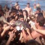 Imagen de los turistas arremolinados alrededor del delfín