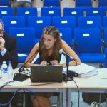 Imagen del monitor de la sala de prensa de los tres funcionarios de Hacienda citados como peritos despues de que la Agencia Tributaria haya presentado en el juicio de Nóos un nuevo informe