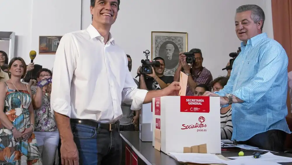 El líder del partido, Pedro Sánchez, en las primarias socialistas de 2014 para elegir secretario general