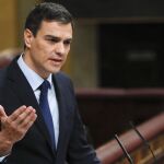 El secretario general del PSOE, Pedro Sánchez, durante su intervención en el pleno del Congreso