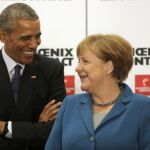 Barack Obama, junto a la canicller alemana, Angela Merkel, en la Hannover Messe, la mayor feria mundial de tecnología industrial