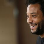 Marcelo durante la rueda de prensa ofrecida hoy en el Santiago Bernabéu tras la firma de su renovación hasta junio de 2022