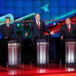 Los precandidatos republicanos a la Presidencia de los Estados Unidos (i-d) Donald Trump, Ted Cruz, Jeb Bush, Chris Christie y Rand Paul durante el debate.