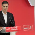 El secretario general del PSOE, Pedro Sánchez, durante la rueda de prensa que ofreció hoy tras la declaración del presidente del Gobierno, Mariano Rajoy, en la Audiencia