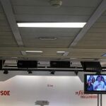 La sala de prensa de Ferraz, durante el seguimiento de la intervención de Pedro Sánchez en el último Comité Federal