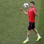 Robert Lewandowski, en un entrenamiento de Polonia