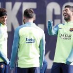 Neymar, Messi y Luis Suárez, durante el entrenamiento de ayer del Barça