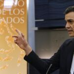 Pedro Sánchez, durante su comparecencia ante los medios en el Congreso.