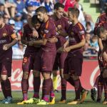 Paulinho (2i) celebra con sus compañeros su gol marcado ante el Getafe.