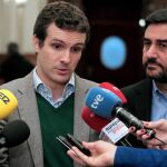 El vicesecretario de Organización del PP, Pablo Casado, en declaraciones hoy en el Congreso