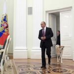 Imagen del 7 de diciembre de Vladimir Putin, acompañado de un perro Akita-inu japonés, en el Kremlin antes de una entrevista para una televisión japonesa