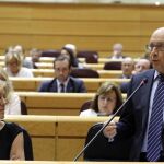 El ministro de Hacienda, Cristóbal Montoro y la titular de Defensa, María Dolores de Cospedal, durante la sesión de control al Gobierno en el pleno del Senado.