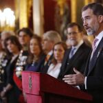 El rey Felipe, durante su intervención en la tradicional recepción al cuerpo diplomático acreditado en España, hoy en el Palacio Real