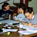 Un grupo de jóvenes estudiando en la biblioteca