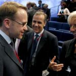 El presidente del Bundesbank, Jens Weidmann, el gobernador del Banco de Inglaterra, Mark Carney, y la presidenta del FMI, Christine Lagarde