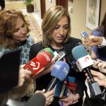 La secretaria de Relaciones Internacionales del PSOE, Carme Chacón, realiza declaraciones a los periodistas antes de la reunión del grupo parlamentario socialista