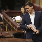 El líder de Ciudadanos, Albert Rivera, antes de su intervención en la segunda jornada del debate de la moción de censura.