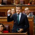 El líder del PP, Pablo Casado, durante la sesión de control en el Congreso de los Diputados