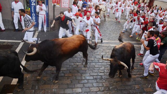 Los toros de Fuerte Ymbro toman la curva de la Estafeta