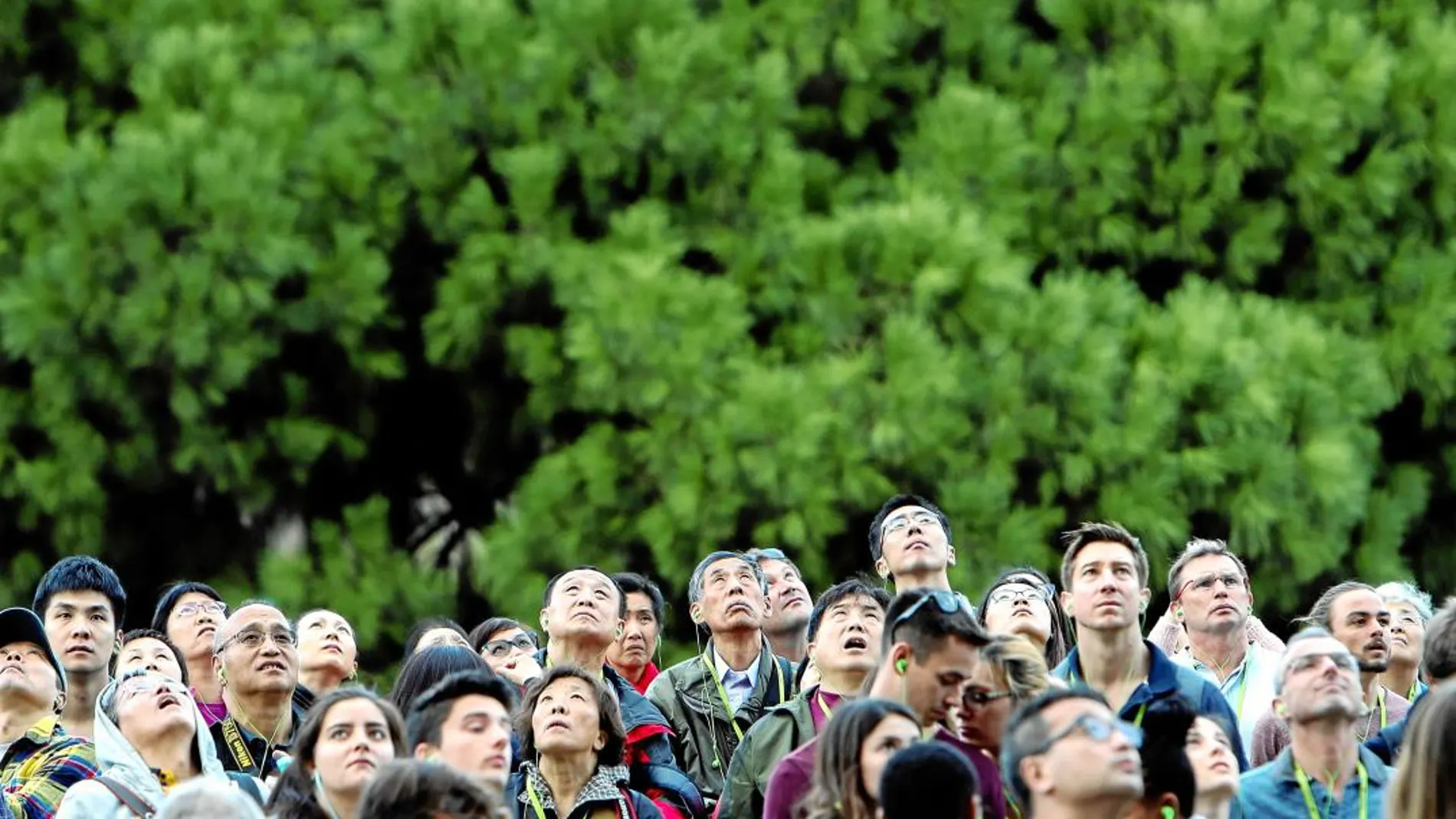 Decenas de turistas abarrotan la calle mientras observan la fachada de la Sagrada Familia en Barcelona antes de la pandemia