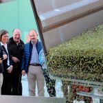 La consejera Milagros Marcos, junto al bodeguero Carlos Moro y el crítico gastronómico Carlos Capel, observan como descargan olivas en Oliduero (Medina del Campo)