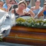 El cabballo «Sereno» acariciando el ataúd de su dueño Wagner
