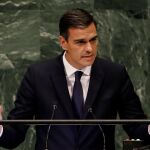 El presidente del Gobierno de España, Pedro Sánchez, habla ante la Asamblea General de las Naciones Unidas. Foto: Efe