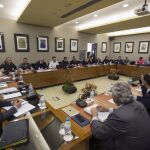 Un momento de la reunión que representantes de la patronal y de los sindicatos de los estibadores llevaron a cabo en Madrid, p