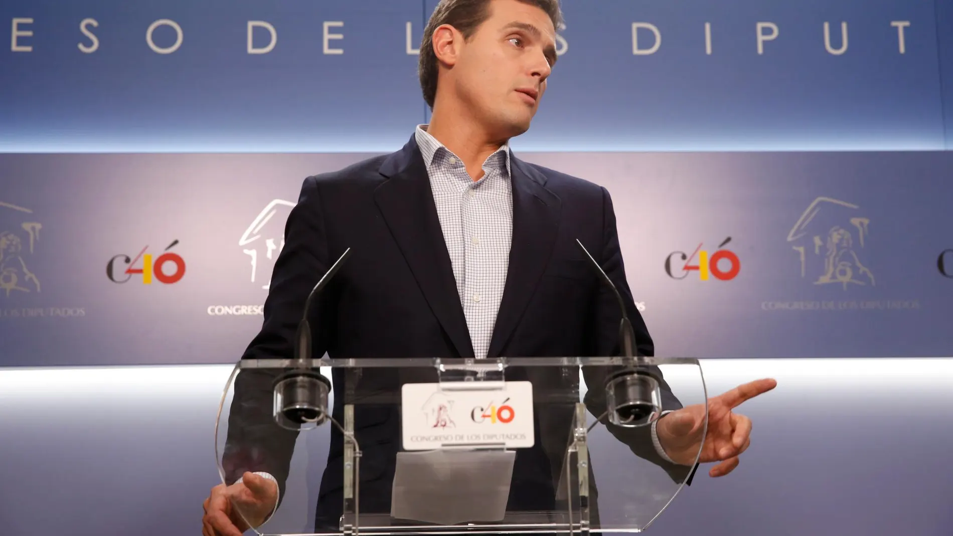 El presidente de Ciudadanos, Albert Rivera, hoy durante la rueda de prensa en el Congreso
