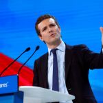 El presidente del PP, Pablo Casado, durante su intervención en la clausura de la Convención Nacional del Partido Popular