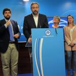 Fernando López Miras, Víctor Martínez y Maruja Pelegrín ayer en la sede