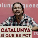 El secretario general de Podemos, Pablo Iglesias, durante su participación en un acto de campaña de la candidatura Catalunya Sí que es Pot