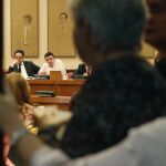 El portavoz del PSOE en el Congreso, Antonio Hernando (i), junto a Mario Jiménez (2ºi), durante la reunión del Grupo Parlamentario Socialista