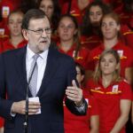 El presidente del Gobierno en funciones, Mariano Rajoy, durante la recepción ofrecida hoy al Equipo Olímpico Español que participará en los Juegos Olímpicos de Río de Janeiro