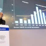 La presidenta del FMI, Christine Lagarde habla hoy durante la primera jorada del Foro de Davos (World Economic Forum).