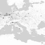 Fotografía facilitada por la Agencia Especial Europea (ESA, por sus siglas en inglés), del mapa cartográfico que consigue localizar la práctica totalidad de los asentamientos humanos en la Tierra. Este mapa se diferencia del resto porque «no solo muestra los centros urbanos, sino también minúsculas aldeas rurales» gracias a las más de 180.000 imágenes de alta resolución tomadas por los satélite