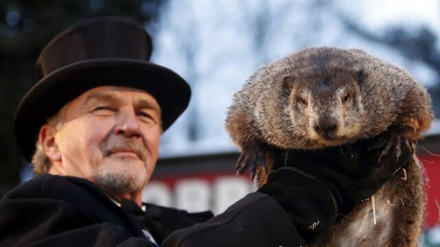 El miembro del Club de la Marmota, John Griffiths sostiene a la marmota Phil, el animal meteorólogo más famoso del mundo