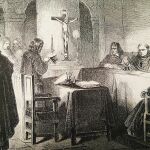 Grabado que representa a Francisco Franco ante el Tribunal del Santo Oficio