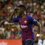 Dembelé celebra el gol del Barcelona