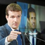 El líder del PP, Pablo Casado, ayer, durante su intervención