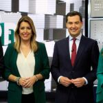 Juan Marín, Susana Díaz, Juanma Moreno y Teresa Rodríguez, ayer, momentos antes del debate en la RTVA