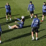 Entrenamiento del Real Madrid esta mañana en la Ciudad Deportiva de Valdebebas de cara al partido de ida en octavos de final de la Copa del Rey, que disputarán mañana frente al Sevilla.
