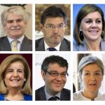 Mariano Rajoy, junto a sus ministros del nuevo Gobierno. De izda a dcha, de arriba a abajo: Soraya Sáenz de Santamaría, vicepresidenta del Gobierno y ministra de la Presidencia y para las Administraciones Territoriales; Alfonso Dastis Quecedo, Exteriores y de Cooperación; Rafael Catalá Polo, Justicia; María Dolores de Cospedal, Defensa; Cristóbal Montoro, Hacienda y Función Pública; Juan Ignacio Zoido Álvarez, Interior; Íñigo de la Serna Hernáiz, Fomento; Íñigo Méndez de Vigo, Educación, Cultura y Deporte y portavoz del Gobierno; Fátima Báñez, Empleo y Seguridad Social; Álvaro Nadal Belda, Energía, Turismo y Agenda Digital; Isabel García Tejerina, Agricultura, Pesca y Alimentación y Medio Ambiente; Luis de Guindos, Economía, Industria y Competitividad, y Dolors Montserrat Montserrat, Sanidad, Servicios Sociales e Igualdad