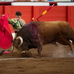 El novillero Pablo Mora durante la novillada que se ha celebrado en el segundo día de la Feria de Santiago