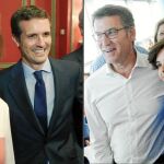 Cospedal, ayer, con Pablo Casado en un desayuno informativo en Madrid. A la derecha, Sáenz de Santamaría junto a Feijóo en Pontevedra / Efe