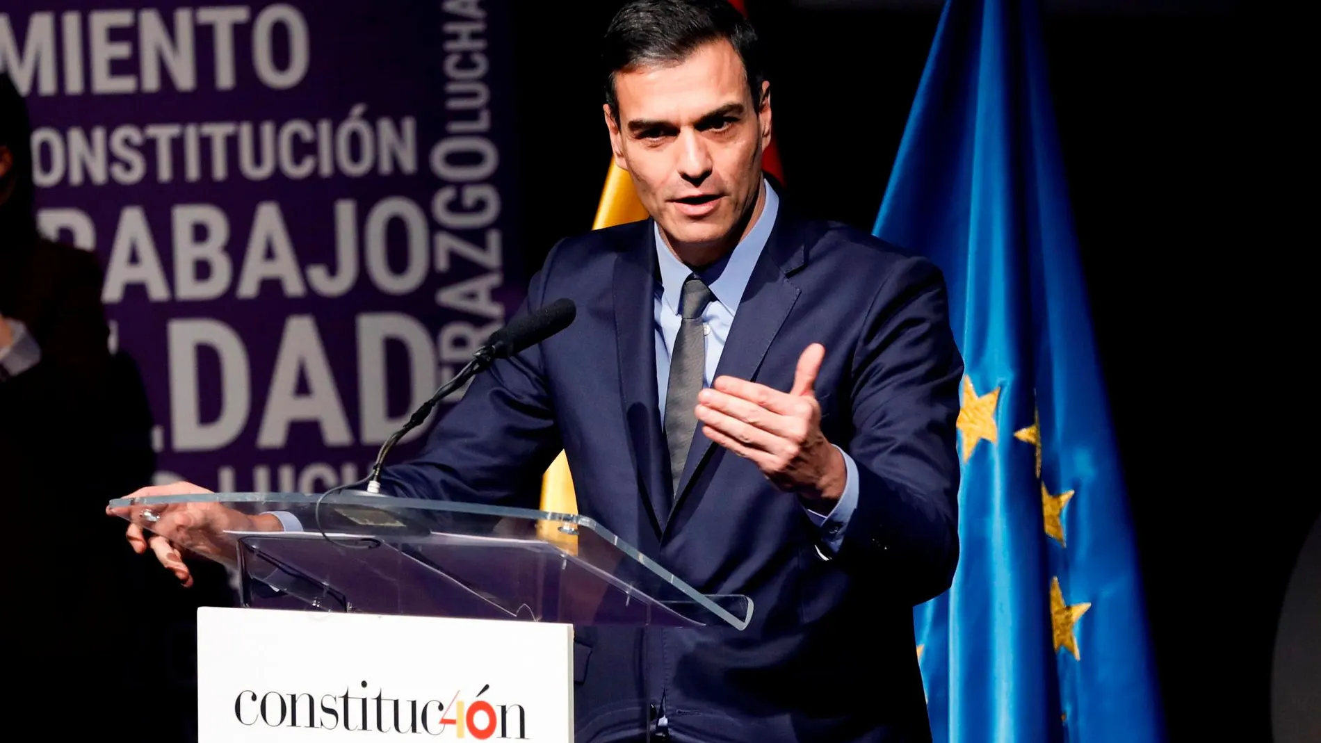 El presidente del gobierno Pedro Sánchez, durante su discurso en el acto "El avance de las mujeres. 40 años de Constitución Española"/ Efe