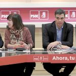 Ábalos, Carmona, Sánchez y la alcaldesa de L’Hospitalet, Nuria Marín, durante la ejecutiva del PSOE, ayer, en Madrid
