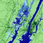 Proyecciones de la inundación por agua de mar en Nueva York en 2033 y su efecto en las infraestructuras de Internet. Las zonas azules indican las partes de la ciudad que quedarán sumergidas. Paul Barford.