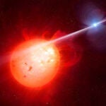 Ilustración del exótico sistema binario estelar AR Scorpii, compuesto por una enana roja (derecha) y una enana blanca (derecha).
